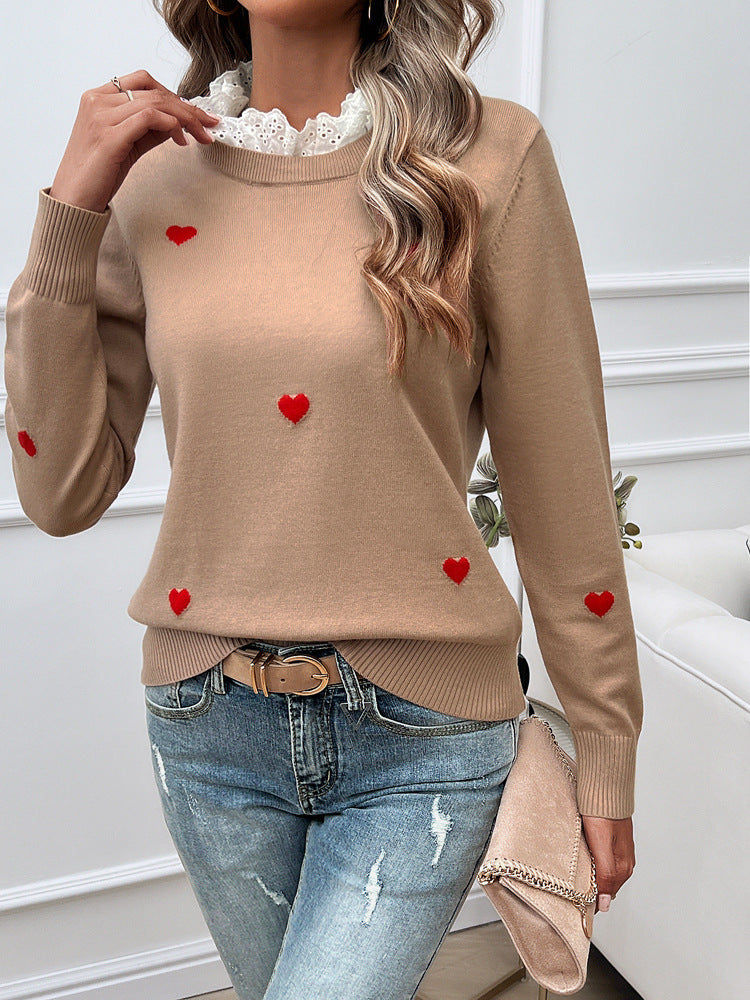 Sweet Cute Embroidered Love Sweater with Lace Collar