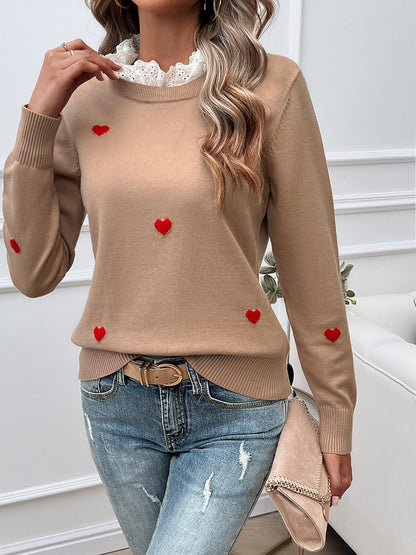 Sweet Cute Embroidered Love Sweater with Lace Collar