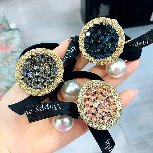 Round Rhinestone Pearl Hair Tie