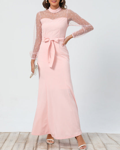 Lace Long Sleeve Dress Round Neck Tie