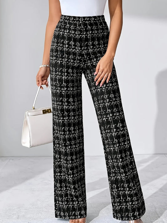 High Waist Woven Plaid Pants Straight Leg Trousers