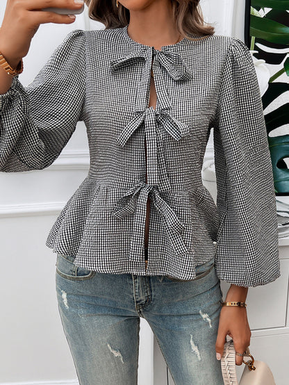 Elegant Contrast Color Tie Long Sleeve Shirt  Stylish Blouse