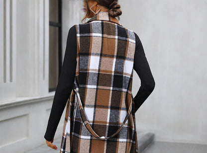 Sleeveless Plaid Vest Lace-Up Waist-Controlled