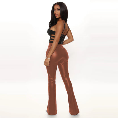 Classic High Waist Stretch Horn Split Leather Pants