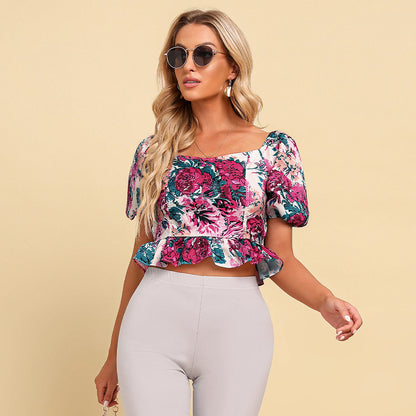 Printed Lace-Up Top Backless Puff Sleeve