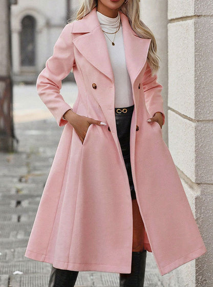 Double-Breasted Trench Coat Lapel Long Coat with Pockets
