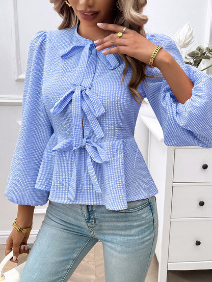 Elegant Contrast Color Tie Long Sleeve Shirt  Stylish Blouse