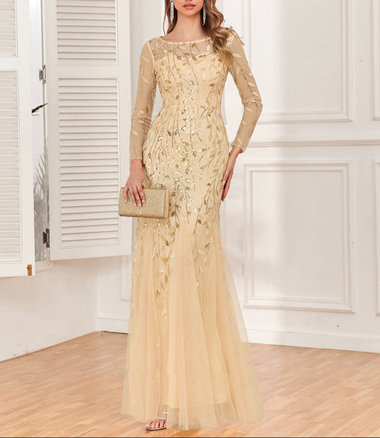 Long Sleeve Round Neck Dress with Back Zipper & Fishtail Skirt
