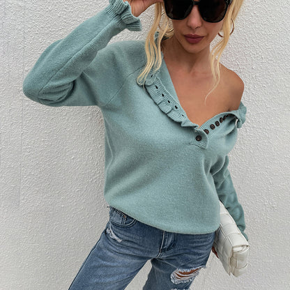 Knit Sweater Wooden Ear Button Blouse