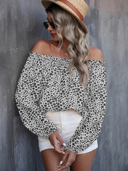 Off-Shoulder Printed Long Sleeve Loose Shirt
