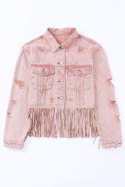 Stand-Up Collar Denim Solid Color with Tassel Stitching