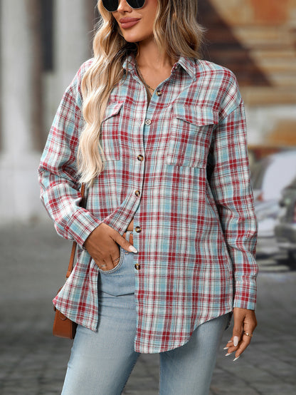 Loose Plaid Shirt Pocket Button