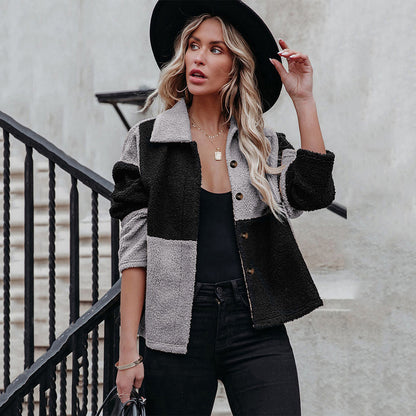 Lapel Contrast Paneled Long Sleeve Woolen Jacket