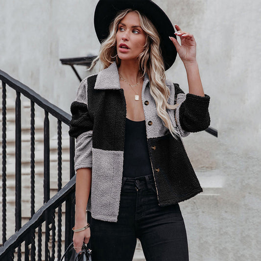 Lapel Contrast Paneled Long Sleeve Woolen Jacket