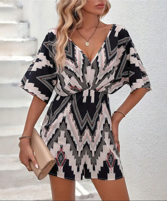 V-Neck Jumpsuit Loose One-Piece with Short Sleeves