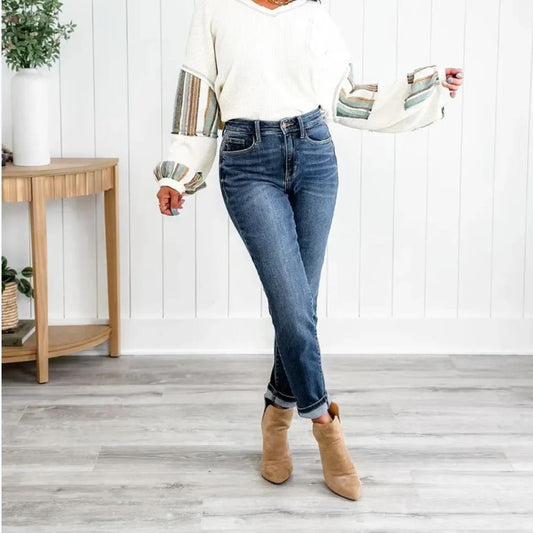 High-Waist Stretch Denim Pants with 3D Pattern