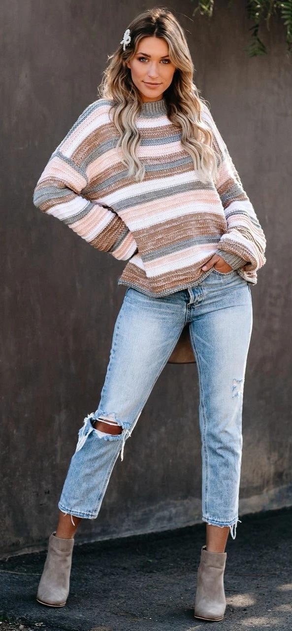 Striped Pullover Sweater Round Neck Stitching Knit