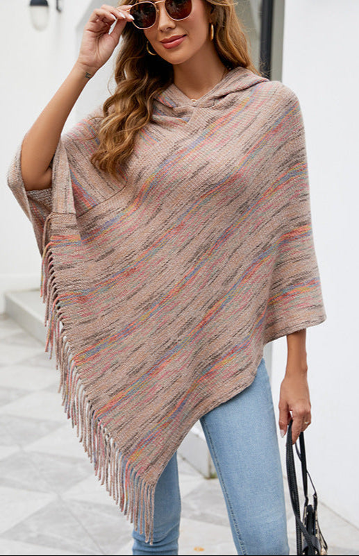 Hooded Striped Cape Tassel Shawl Poncho