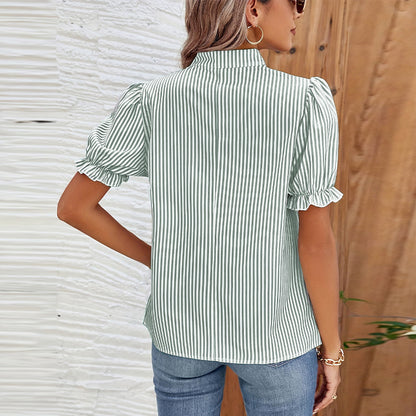 Striped Shirt Lantern Short Sleeve Pullover Top
