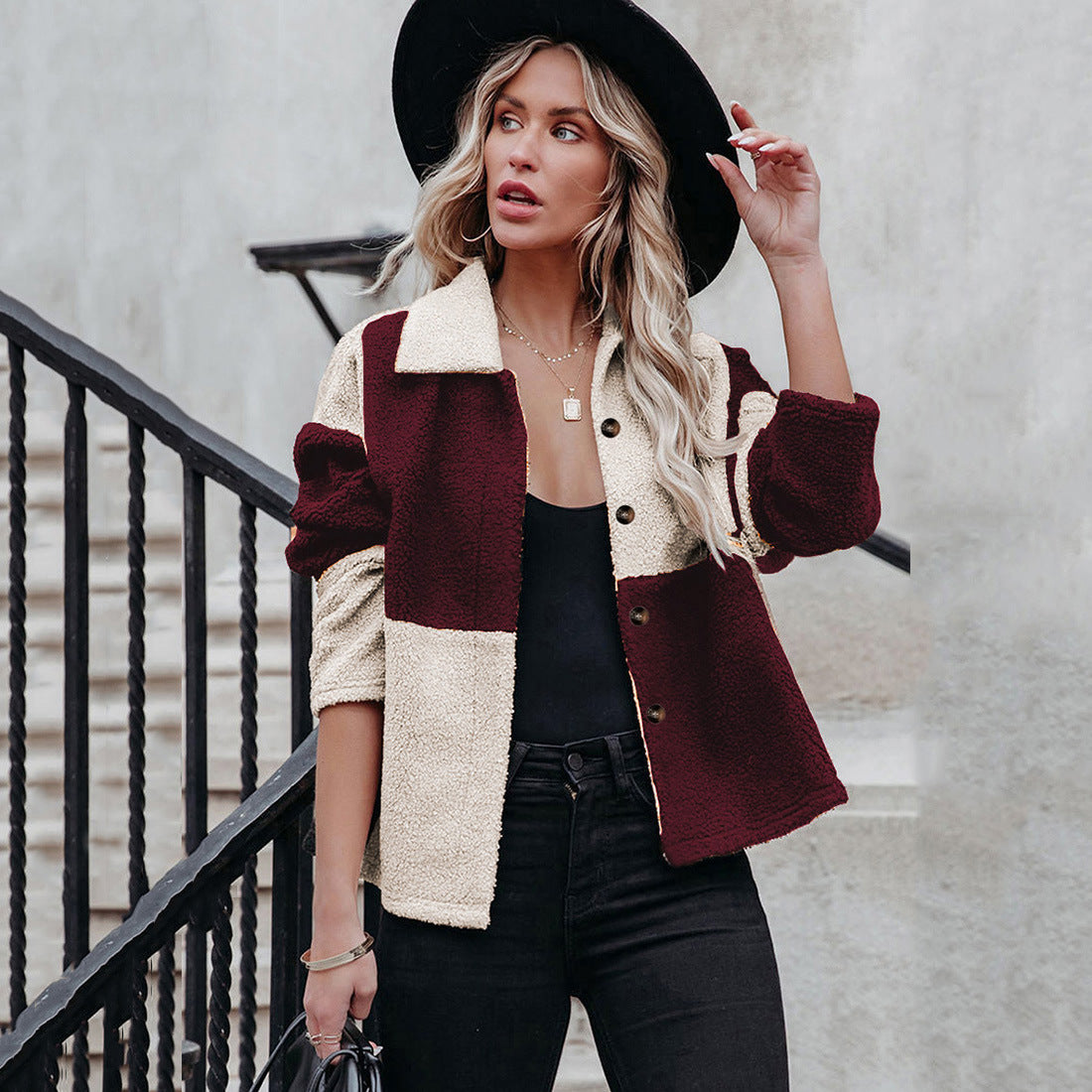 Lapel Contrast Paneled Long Sleeve Woolen Jacket