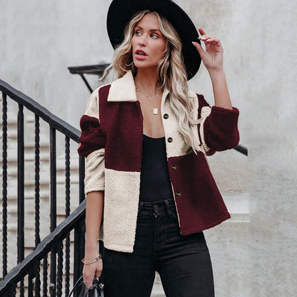 Lapel Contrast Paneled Long Sleeve Woolen Jacket