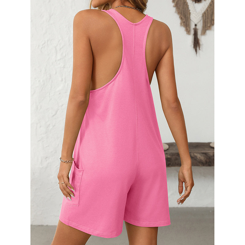 Loose Sleeveless Tank Romper – Scoop Neck Jumpsuit Shorts with Pockets