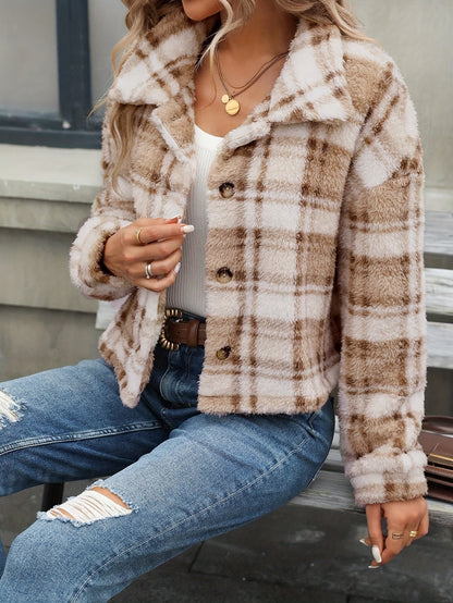 Double-Sided Plush Plaid Cardigan