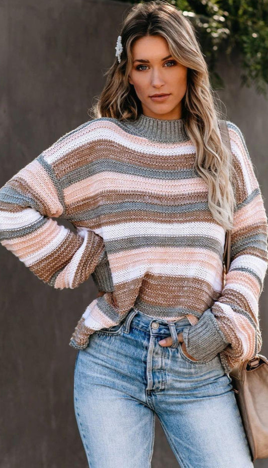 Striped Pullover Sweater Round Neck Stitching Knit