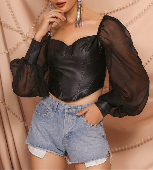 One-Shoulder Mesh Top  Puff Sleeve Stitching