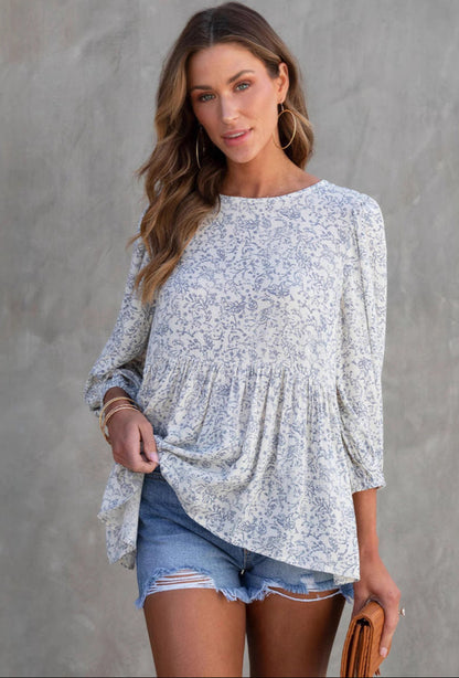 Floral Print Lantern Sleeve Loose Blouse