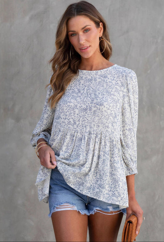 Floral Print Lantern Sleeve Loose Blouse