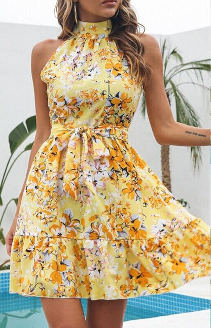 Halter Floral Chiffon Dress Sleeveless Swing Holiday Sundress