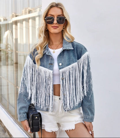 Washed Denim Jacket with Tassels Long Sleeve