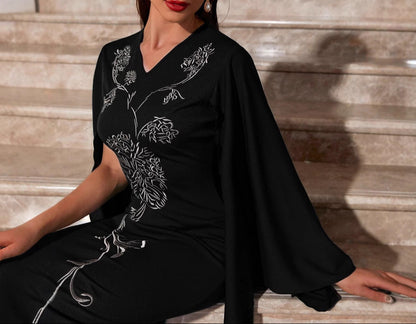 Embroidered Sheath Dress Bat Sleeve Elegant