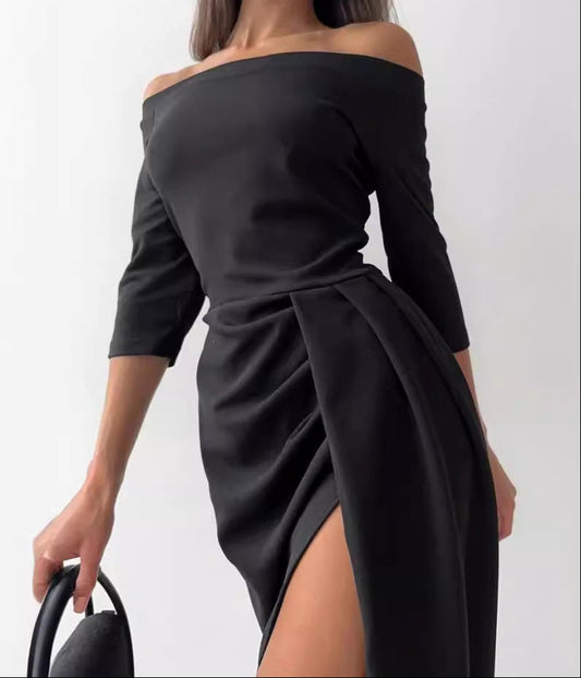 Off-Neck Long Sleeve Dress Waist Slit Elegant