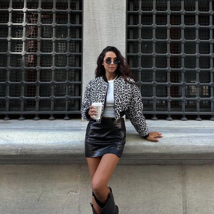 Color Effect Collar Short Zipper Jacket Coat Leopard