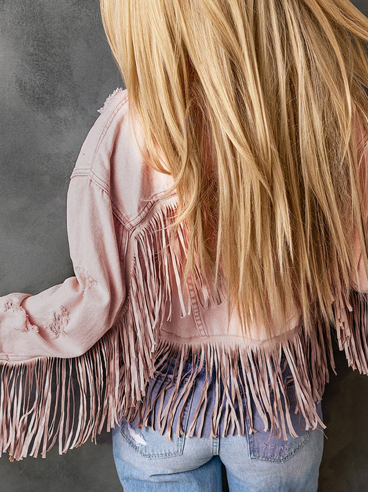 Stand-Up Collar Denim Solid Color with Tassel Stitching