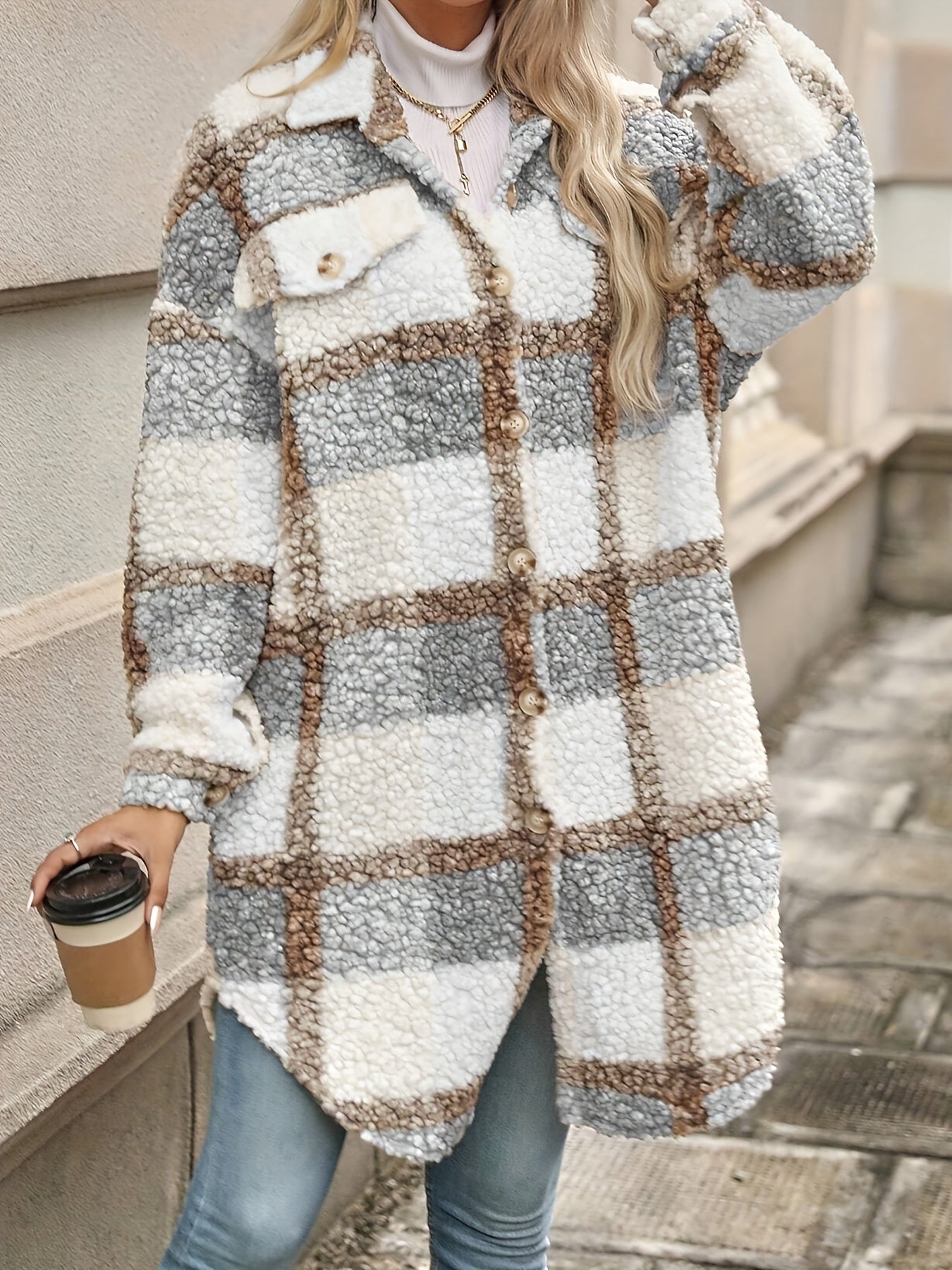 Lapel Colorblock Plaid Padded New Design Coat