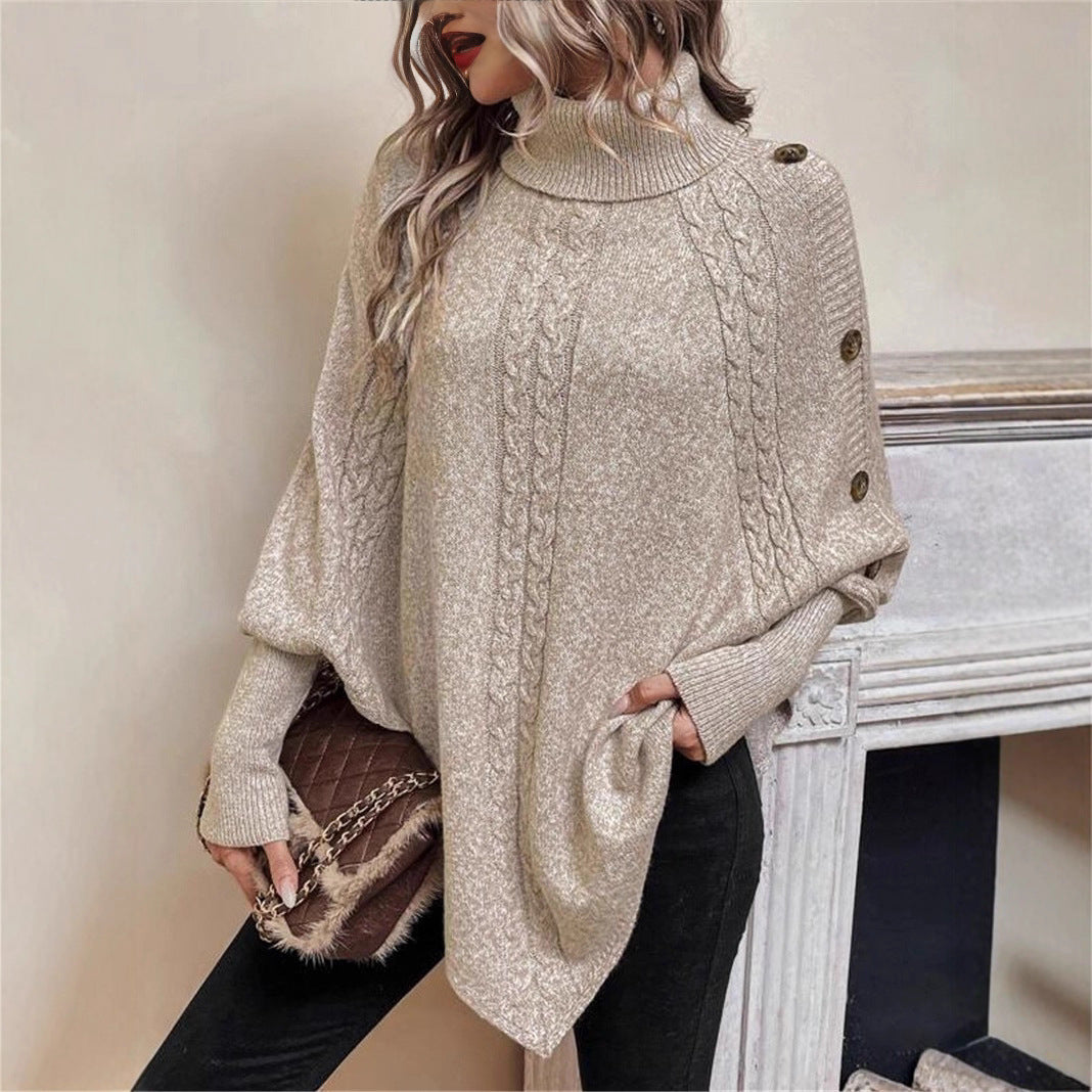 Turtleneck Batwing Shirt Long Sleeve Top with Decorative Buttons