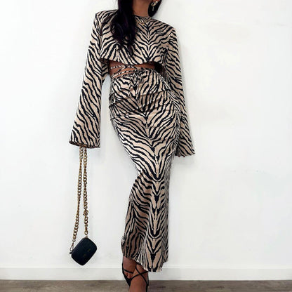 Zebra Striped Two-Piece Set Long Sleeve Cropped Top with Skirt