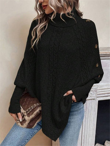 Turtleneck Batwing Shirt Long Sleeve Top with Decorative Buttons