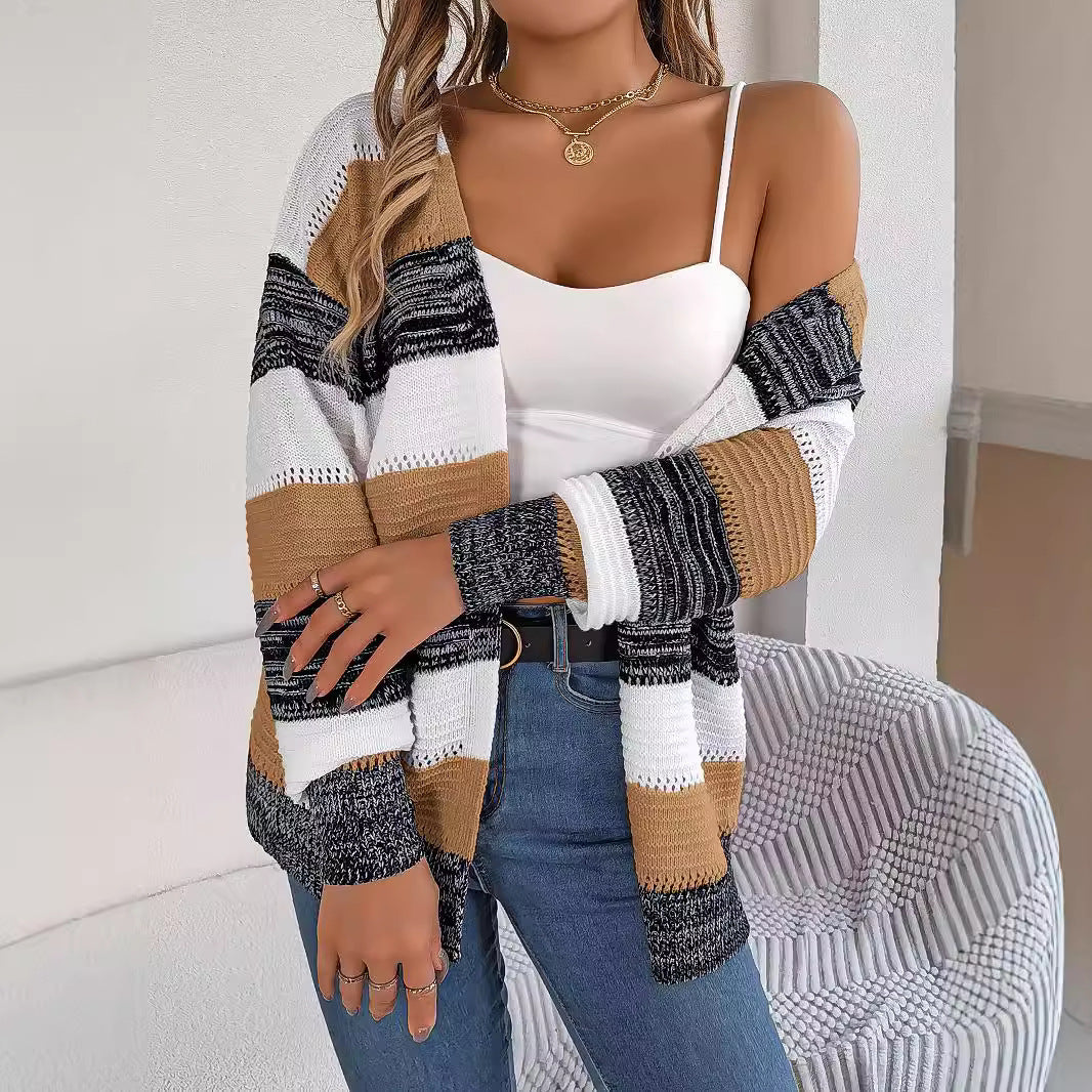 Casual Hollow Knit Contrast Color Striped Lantern Sleeve Sweater