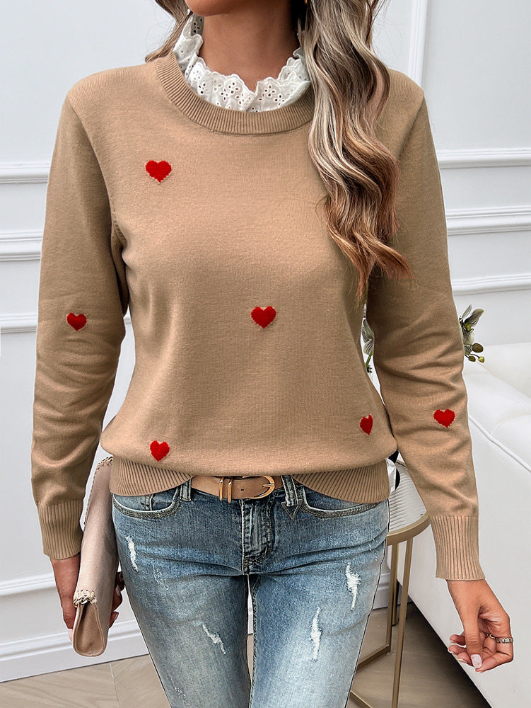 Sweet Cute Embroidered Love Sweater with Lace Collar