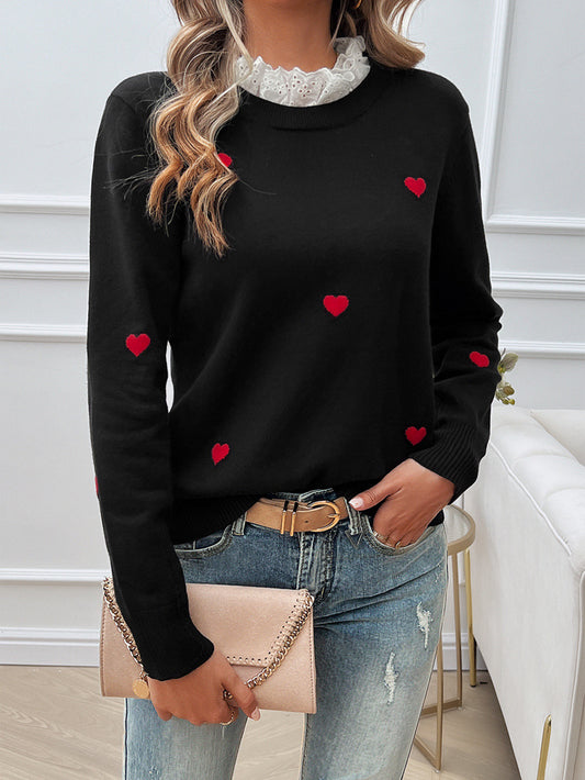 Sweet Cute Embroidered Love Sweater with Lace Collar