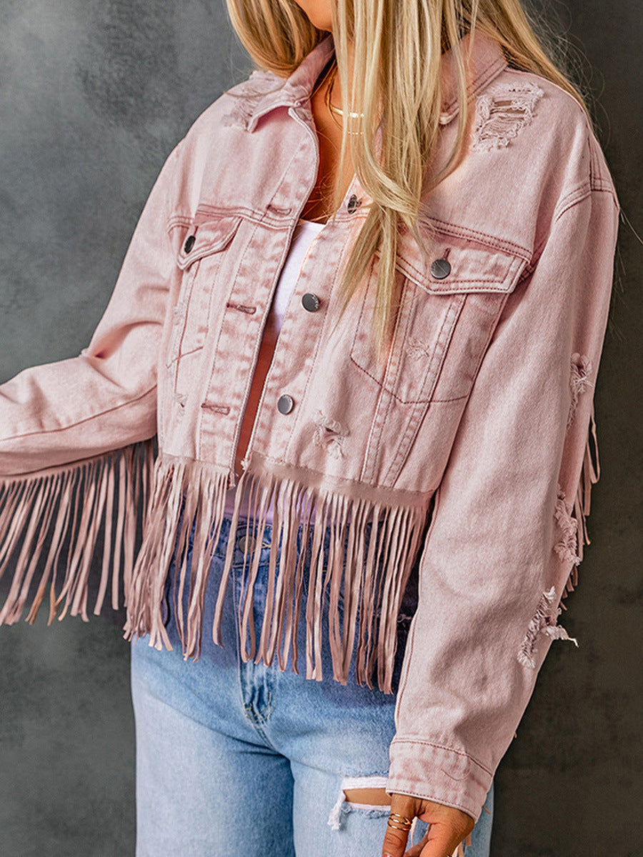 Stand-Up Collar Denim Solid Color with Tassel Stitching
