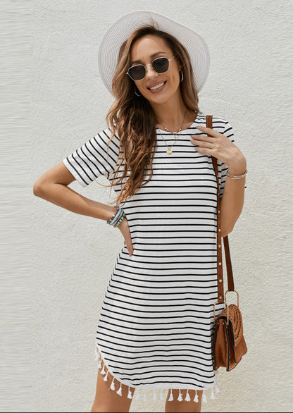 Striped Stitching Short-Sleeve Dress Fringe Hem