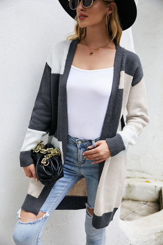 Loose Plus Size Color Block Knitted Cardigan Oversized
