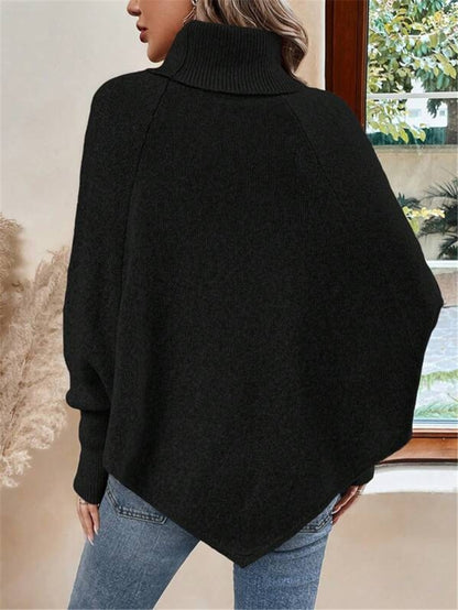 Turtleneck Batwing Shirt Long Sleeve Top with Decorative Buttons