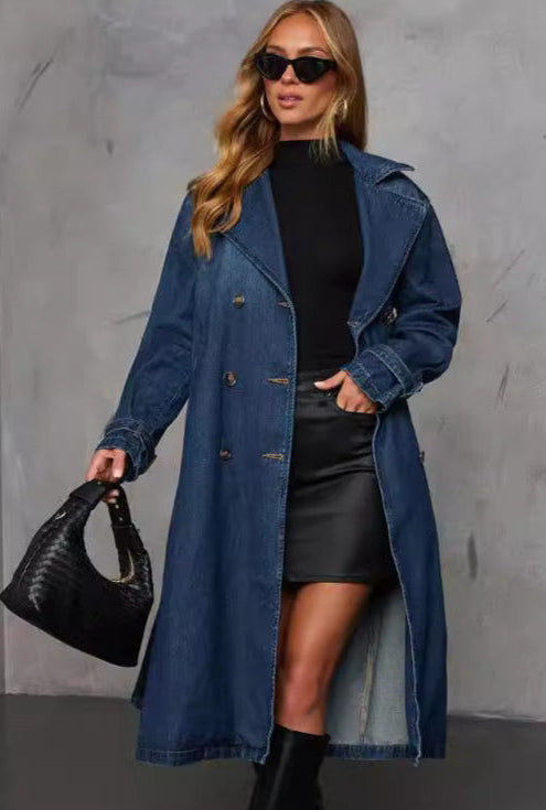 Retro Denim Wide Trench Coat Fashionable Casual Elegant Long Coat