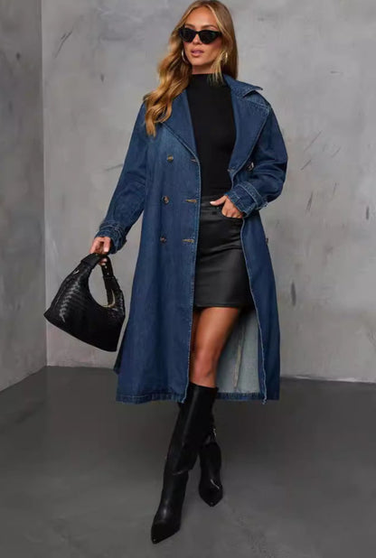 Retro Denim Wide Trench Coat Fashionable Casual Elegant Long Coat
